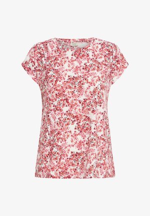 Bela bluza s kratkimi rokavi in okrolim vratom, z gostim rožnatim in rdečim cvetličnim vzorcem z majhnimi črnimi poudarki.