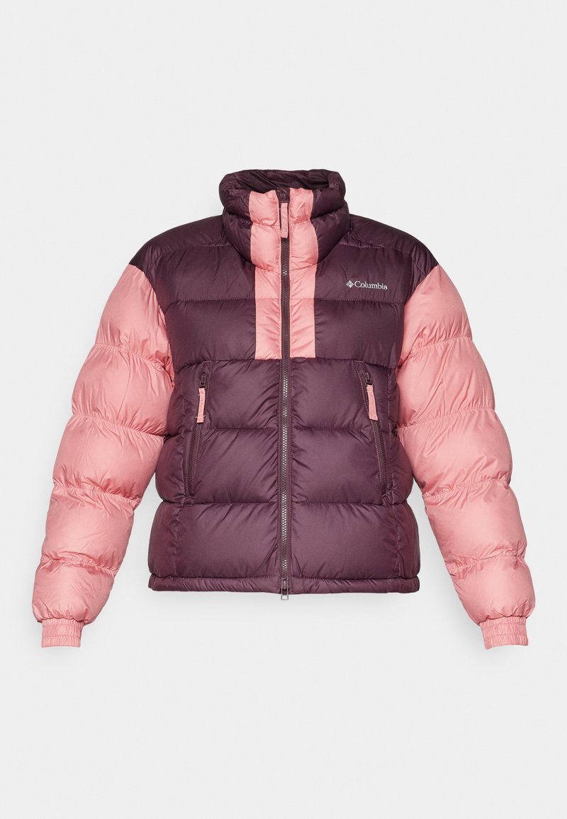 Giacca a vento in viola scuro e rosa chiaro. Presenta un colletto alto, zip frontale, due tasche laterali e un motivo trapuntato.