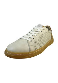 Hellbeige LederSneaker mit durch perforierten Seitenpanelen, weißen Schnürsenkeln und einer Gummisohle. Verfügt über kontrastierende Nähte und ein Logo-Tag auf der Zunge.