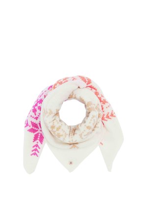 White triangular scarf with pink, red, and beige snowflake patterns, wrapped in a loop shape.