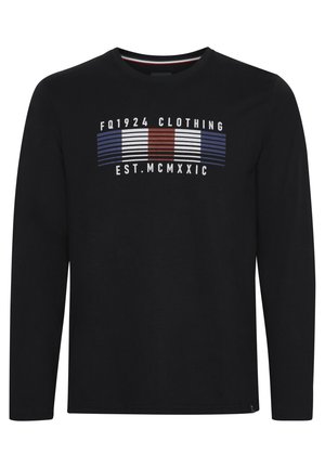 Black long-sleeve t-shirt made of cotton with a round neckline. Graphic print featuring white, red, and blue stripes and text on the front.