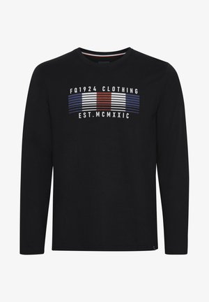 Black long-sleeve t-shirt made of cotton with a round neckline. Graphic print featuring white, red, and blue stripes and text on the front.