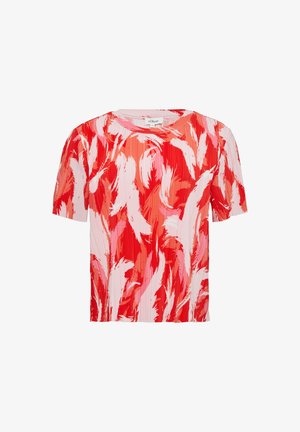 T-shirt corto a maniche corte rosso e rosa con un motivo a pennellate ondulate, caratterizzato da un colletto rotondo e un design in tessuto testurizzato.