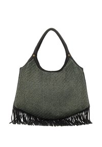 Borsa tote intrecciata di colore grigio scuro con manici in pelle nera e rifinitura in frange nere lungo il bordo inferiore, su sfondo bianco.