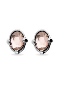 Pendientes de tono plateado con piedras ovaladas facetadas de color rosa claro, montadas en un engaste redondeado, acentuados con pequeños detalles esféricos.