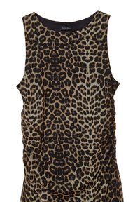 Top sans manches en imprimé léopard, fabriqué dans un tissu doux, avec un détail froncé sur le côté et un col rond. Les couleurs dominantes sont le beige, le noir et le marron.