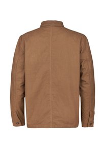 Brown bomber jacket with a soft texture, featuring a collar, long sleeves, and button accents on the cuffs.