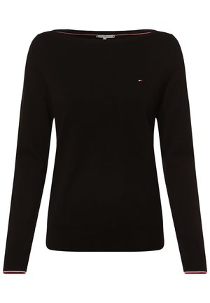 Pull noir pour femme à manches longues avec encolure bateau, petit logo sur la poitrine et finitions rouges et blanches aux poignets et au col.