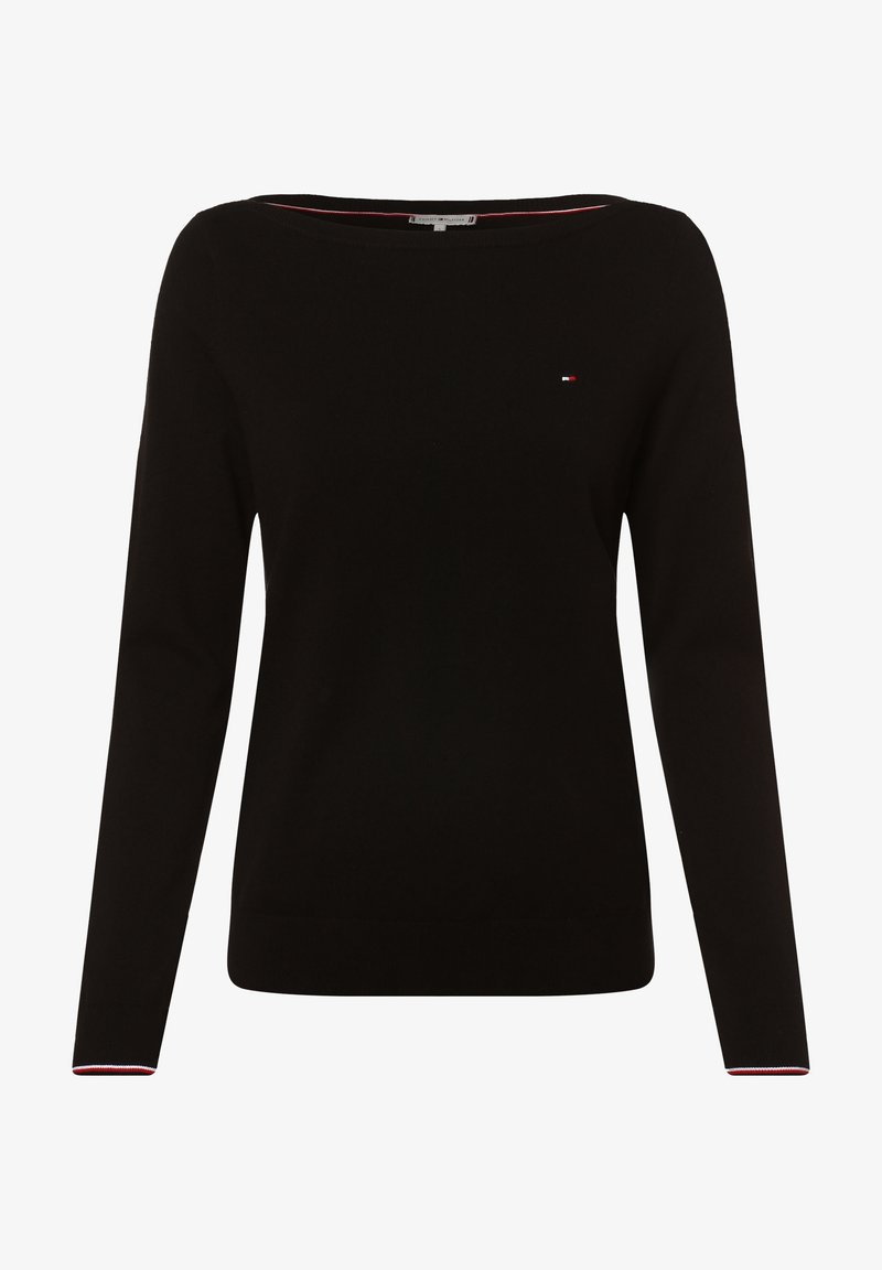 Pull noir pour femme à manches longues avec encolure bateau, petit logo sur la poitrine et finitions rouges et blanches aux poignets et au col.