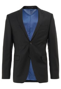 Svart blazer med två knappar, en enda bröstficka och blå satinfoder. Slät textur och skräddarsydd passform.