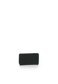Portafoglio in pelle nera, forma rettangolare, texture liscia, design pieghevole. Dotato di una tasca con zip per le monete e molteplici slot per carte.