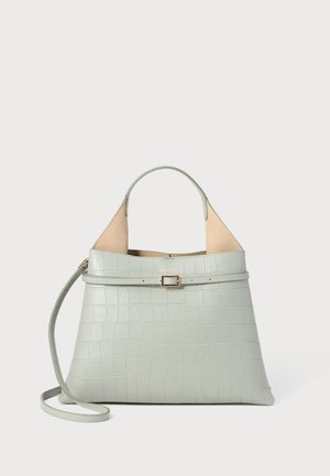 Helles grün, strukturierte Handtasche mit Krokodilleder-Textur, hellbraunen Akzenten, einem oberen Tragegriff und verstellbarem Schulterriemen; verfügt über einen goldenen Verschluss.