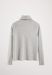Grau, gerippter Strickpullover mit langen Ärmeln, überklappbarem Kragen und lässiger Passform, mit abgerundetem Saum. Rückansicht dargestellt.