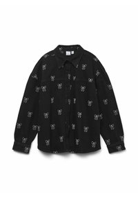 Zwarte denim overhemd met witte strik borduursel, voorzien van een kraag, knoopsluiting aan de voorkant en lange mouwen met manchetdetails.