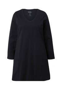 Schwarze Langarm-Tunika aus weicher Baumwolle, mit V-Ausschnitt und zwei seitlichen Taschen für zusätzlichen Nutzen. Glatte Textur mit lockerer Passform.