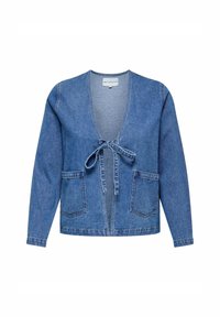 Modra jeans jakna z zavojem in globokim V-izrezom, nastavljivo zavezovanje in dvema sprednjima žepoma. Dolgi rokavi in rahlo strukturirana zasnova.