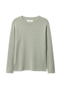 Duga majica s dugim rukavima, svijetlozelene boje, napravljena od teksturiranog pamuka. Ima okrugli izrez, vidljive šavove i ležeran kroj s bočnim šavovima.