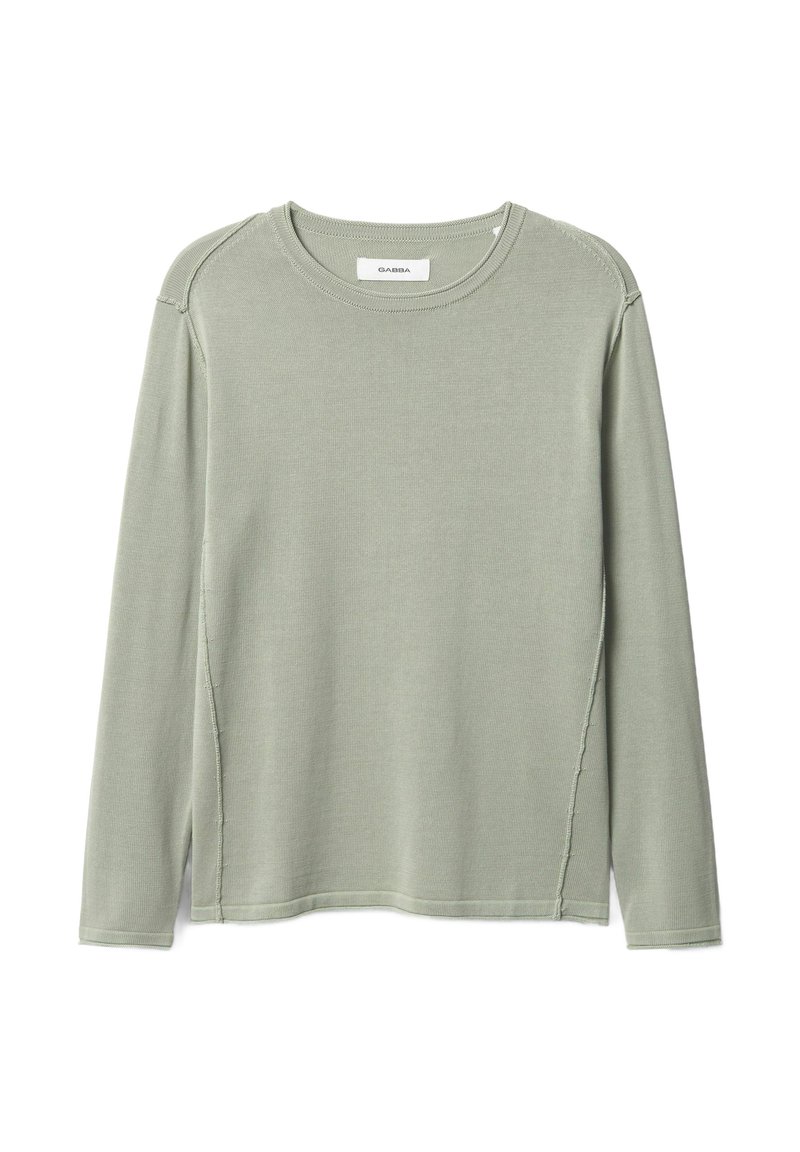 Duga majica s dugim rukavima, svijetlozelene boje, napravljena od teksturiranog pamuka. Ima okrugli izrez, vidljive šavove i ležeran kroj s bočnim šavovima.