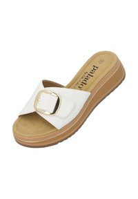 White faux leather slide sandal with a wide strap, gold buckle detail, and tan cushioned footbed, featuring a beige platform sole.
