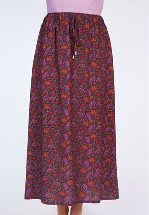 Floral long skirt in purple, red, and green. Made of lightweight fabric with an elastic waistband and drawstring accents for adjustable fit.