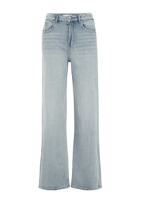 Jeans de mezclilla de corte wide-leg en azul claro. Cuenta con una cinturilla alta, bolsillos frontales y un cierre de botón. Desvanecimiento sutil en toda la prenda.