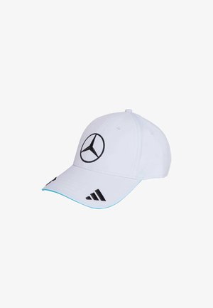 White baseball cap featuring a black Mercedes logo on the front and three black Adidas stripes on the side, with a turquoise accent on the brim.