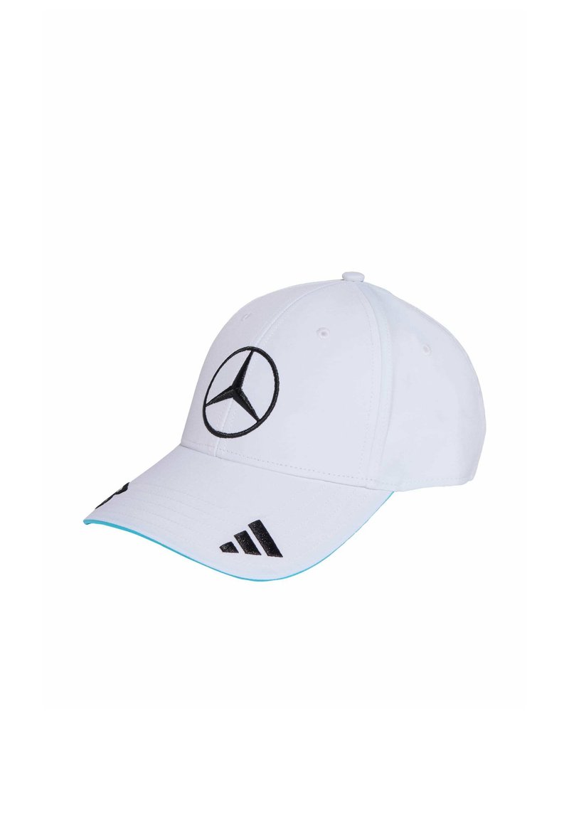 White baseball cap featuring a black Mercedes logo on the front and three black Adidas stripes on the side, with a turquoise accent on the brim.