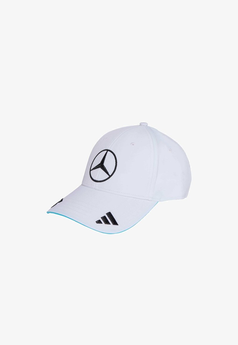 White baseball cap featuring a black Mercedes logo on the front and three black Adidas stripes on the side, with a turquoise accent on the brim.