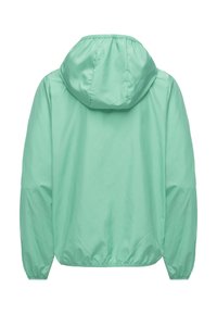 Lightweight mint green jacket with a hood, elastic cuffs, and hemline. Smooth texture, minimalist design, and no visible fasteners or pockets.
