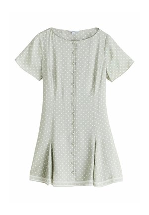 Short-sleeve dress in light green with white polka dots, featuring a round neckline, front button closure, and flared hem with decorative trim.