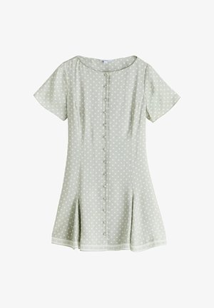 Short-sleeve dress in light green with white polka dots, featuring a round neckline, front button closure, and flared hem with decorative trim.