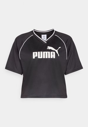 Maillot de sport noir court en tissu respirant, avec un col en V, des manches courtes et un logo blanc avec des contours contrastants.