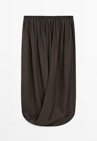 Donkerbruine midirok met geplooide elastische tailleband en ballonachtige zoom, gemaakt van gestructureerde stof.
