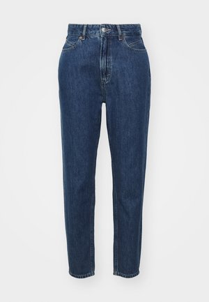 Jeans en denim avec une taille haute, jambe droite, couleur bleu foncé, design classique à cinq poches et fermeture à bouton en métal.