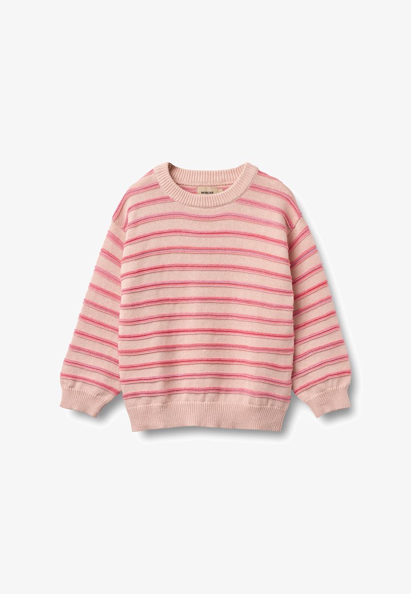 Pull rayé avec une texture tricotée douce en rose pâle, rayures contrastantes en rose plus foncé, encolure arrondie, et poignets et ourlet côtelés.