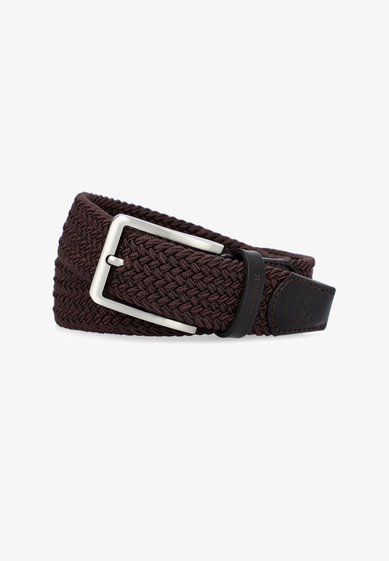 Spleciony elastyczny pasek w ciemnym brązie z metalową klamrą w kolorze srebrnym, z skórzanymi akcentami oraz logo na skórzanym pasku.