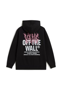 Sudadera negra con gráfico en rosa y blanco que dice "Vans Off The Wall® Contacta a tu región oficial local por región MCMLXVI todos los derechos reservados" en la parte posterior.