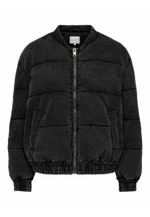 Black puffer jacket with a zip closure, ribbed cuffs and hem, visible stitching, two side pockets, and a stand-up collar.