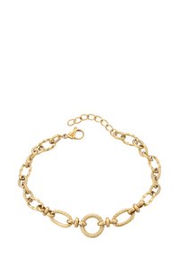 Bracciale in oro con anelli ovali e circolari texture, chiusura a moschettone sicura e catena di estensione regolabile su uno sfondo bianco.