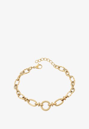 Brățară din lanț de aur cu link-uri ovale și circulare texturate, închidere tip lobster sigură și lanț de extensie ajustabil, pe un fundal alb.