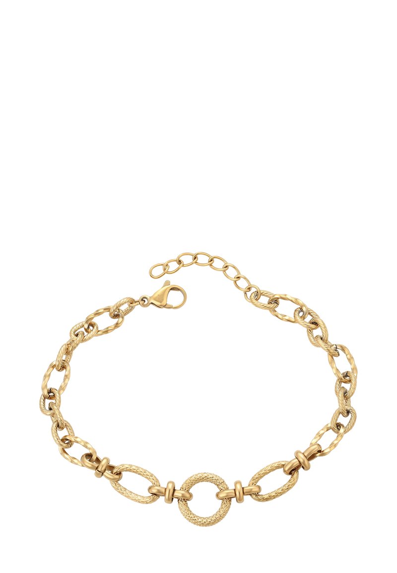 Bracciale in oro con anelli ovali e circolari texture, chiusura a moschettone sicura e catena di estensione regolabile su uno sfondo bianco.