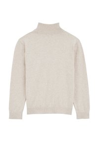 Šviesiai smėlio spalvos megztinis, turintis aukštą apykaklę ir riešo rankogalius su raišteliais. Pagamintas iš minkštos, tekstūruotos medžiagos, pasižyminčios paprastu, nepuoštų dizainu.