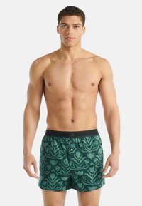 Pánské plavky v tmavě zelené barvě s květinovým vzorem. Vyrobeno z lehkého materiálu, s elastickým pasem a dekorativními knoflíky.
