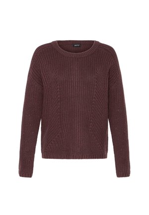 Burgundy stickad tröja med rund hals, ribbad ärm och texturerat mönster med horisontella och vertikala stygn.
