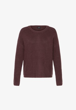 Burgundy knitted sweater with a rounded neckline, ribbed cuffs, and textured pattern featuring horizontal and vertical stitches.
