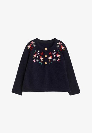 Cardigan lavorato a maglia di un blu navy con ricami colorati di uccelli, fiocchi e fiocchi di neve, dotato di bottoni in legno e maniche lunghe.