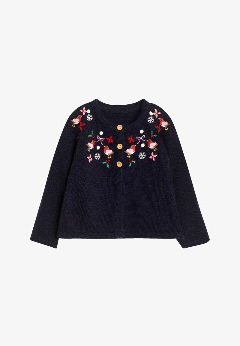 Marineblauer Strickcardigan mit buntem Stickdesign von Vögeln, Schleifen und Schneeflocken, Holzknöpfen und langen Ärmeln.