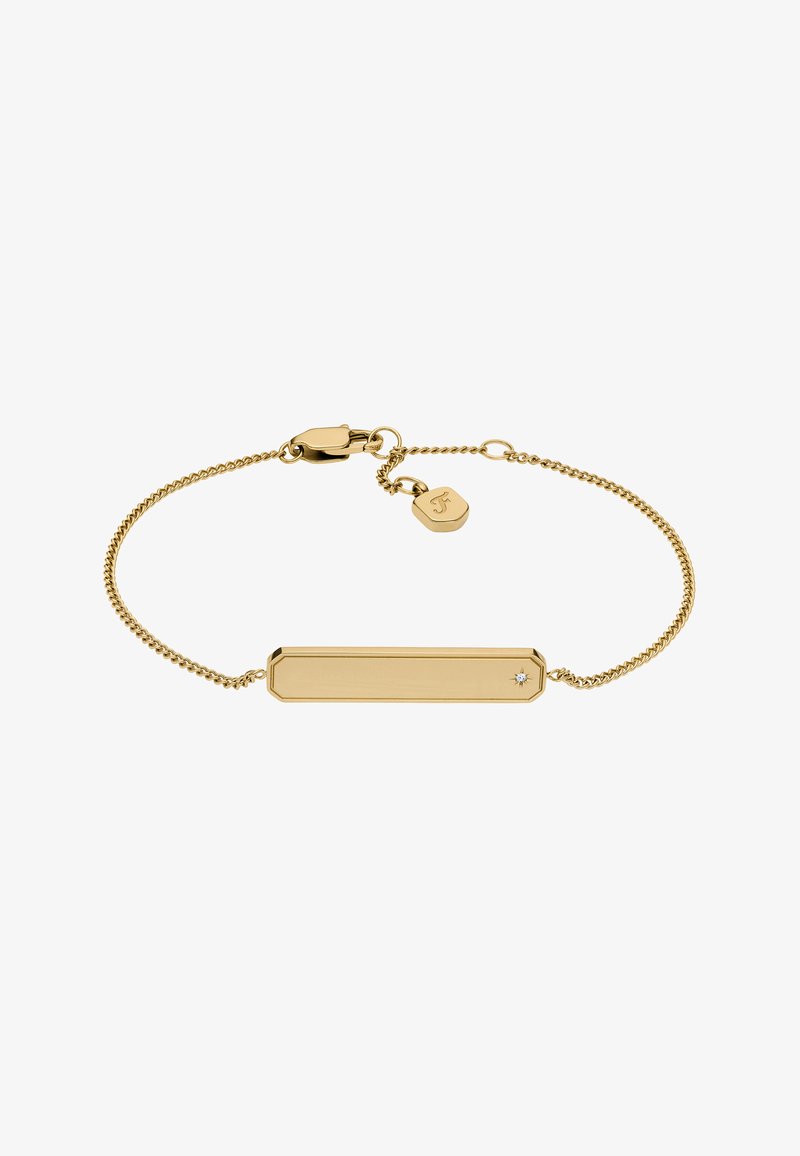 Gul bracelet med en aflang rektangulær charm, der har en lille diamanthighlight. Kæde design med en sneglelås og justerbar længde.
