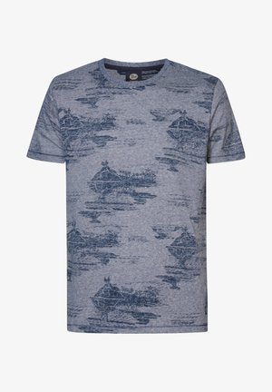 Blau meliertes T-Shirt mit einem subtilen maritimen Landschaftsprint. Kurze Ärmel, Rundhalsausschnitt und strukturierte Stoffoberfläche.
