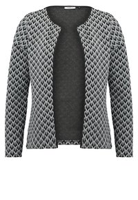 Cardigan ouvert noir et gris avec un motif en chevrons tricoté et des manches longues.